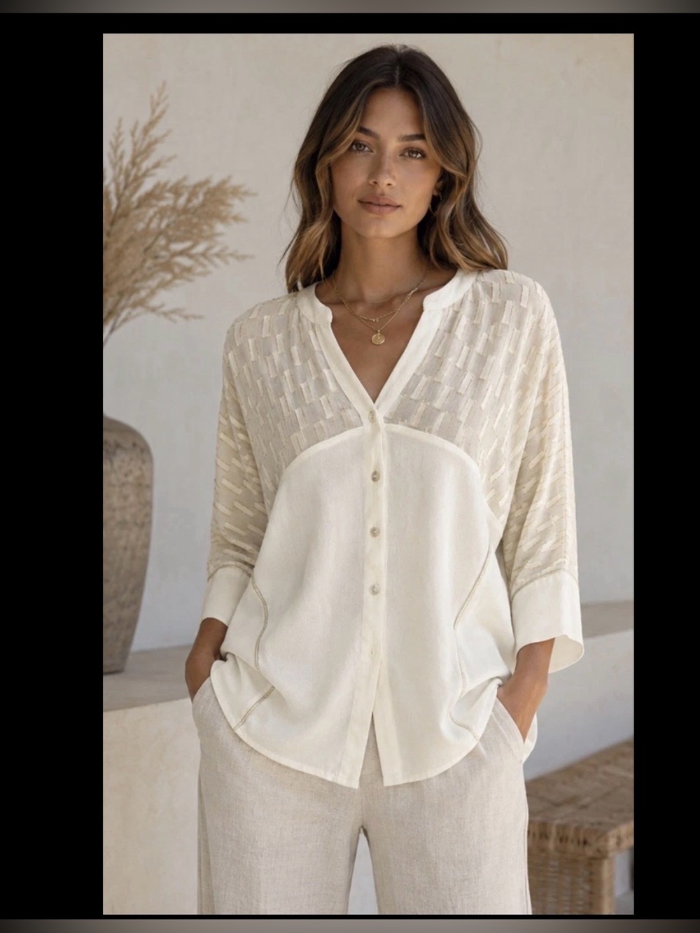 Anthropologie Seen Worn Kept Ivory Textured Sheer Button Front Boho Top US 8